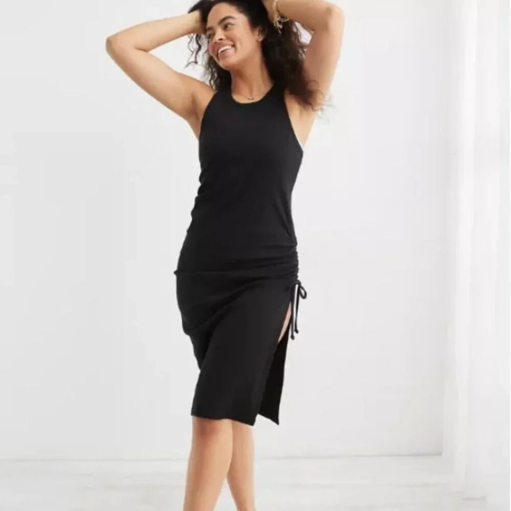 Aerie Black Ruched Ribbed Midi Dress L Side Split Sexy Tank Sleeveless Bodycon